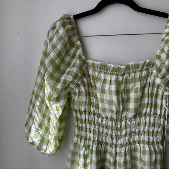 Smocked Gingham Mini Dress in Light Green and White - Picture 4 of 5